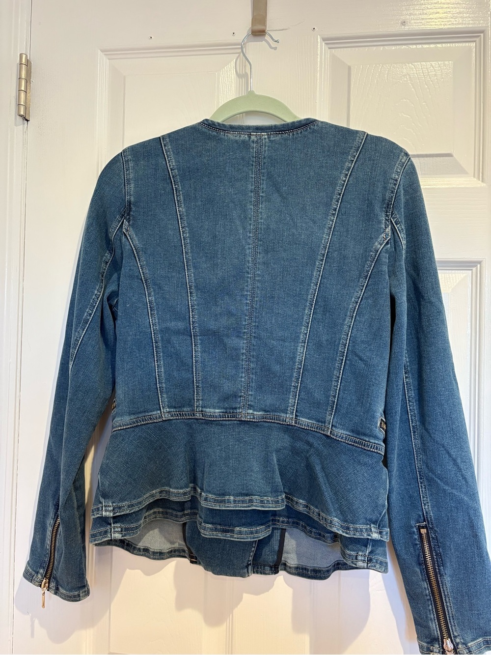 White House Black Market Women's Denim Zip Jacket with Peplum style back- Blue - Picture 2 of 10